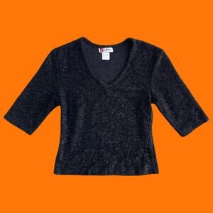 90's vintage black glittery fuzzy v neck rave club kid bodycon top MEDIUM